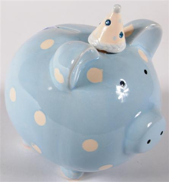 Sparschwein klein m. Punkten 5farb. s. BB, ca. 18x14x19cm